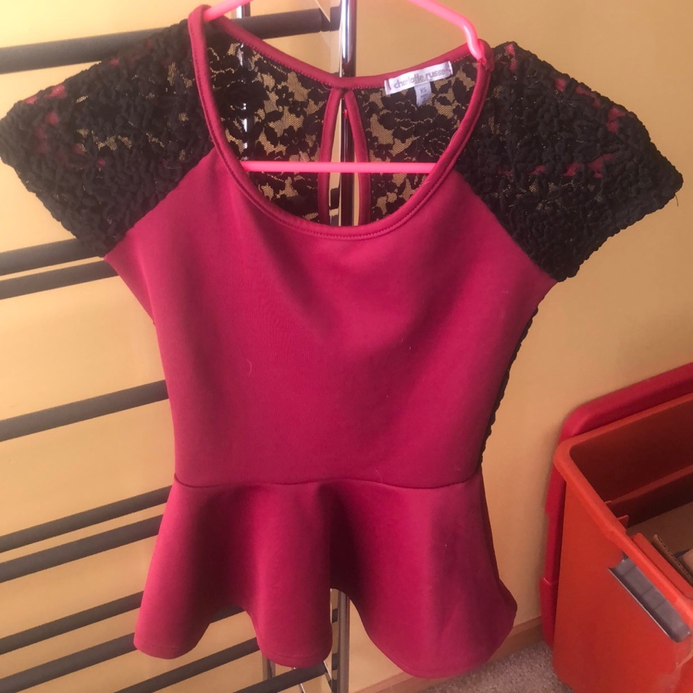 Burgundy/wine and black lace peplum top, worn once